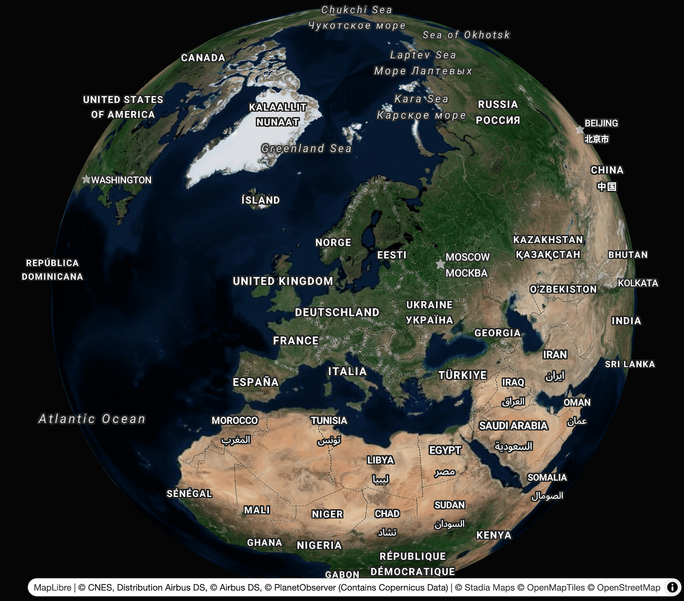 A globe view of the world, centered on Europe