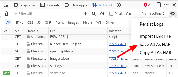 Saving a HAR file in Mozilla-based Browsers