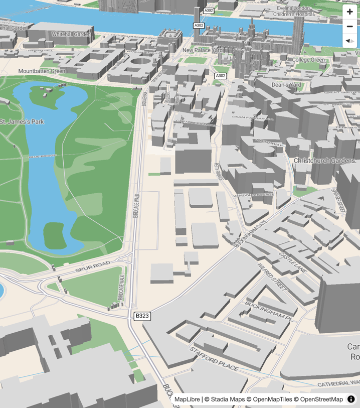 A map with 3D extruded buildings in central London