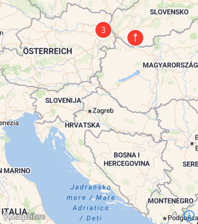 A map of Austria with some markers collapsed into a cluster