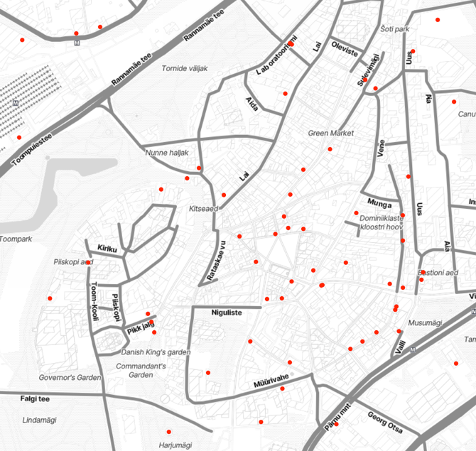 A map showing cafes in city center Tallinn, rendered with qmplot