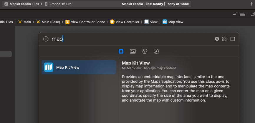 A screenshot showing the map view control in Xcode