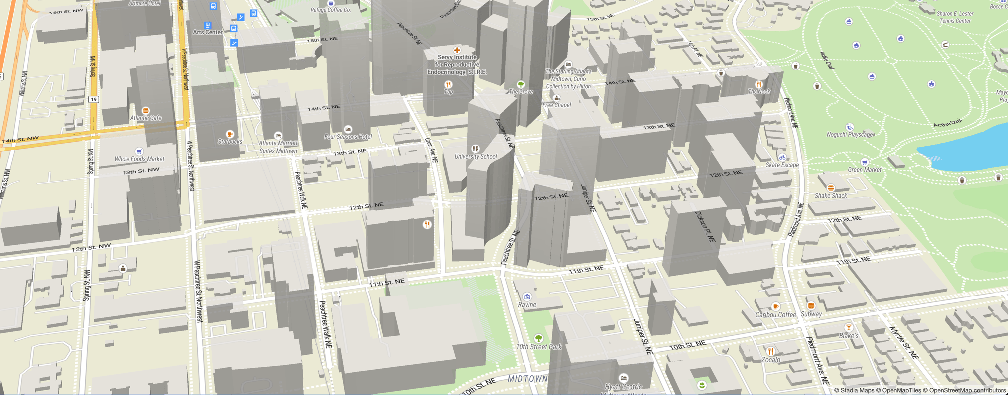 A vector map showing a 3D perspective view of Midtown, Atlanta